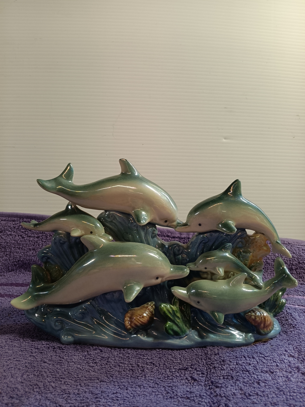 Glazed Dolphin Family Figurine in Aqua and Blue